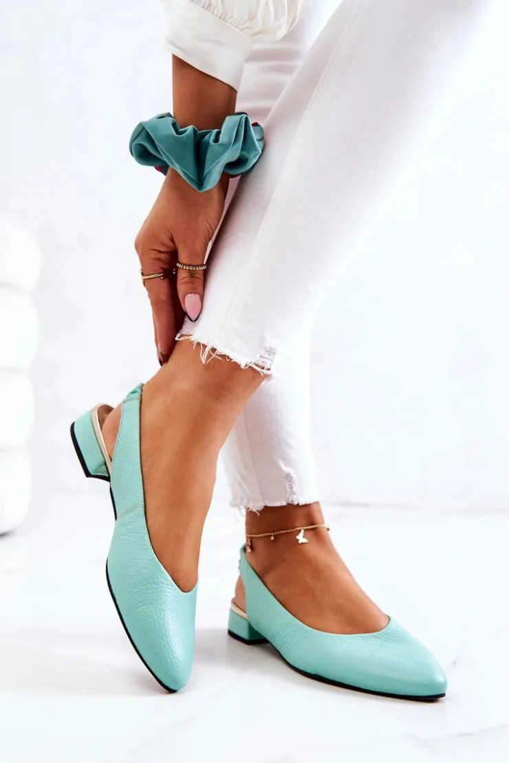 Damskie Boto Skórzane Odkryte Baleriny Na Obcasie Zielone Noreen