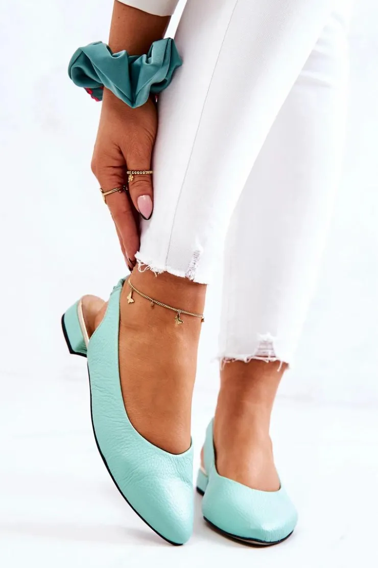 Damskie Boto Skórzane Odkryte Baleriny Na Obcasie Zielone Noreen