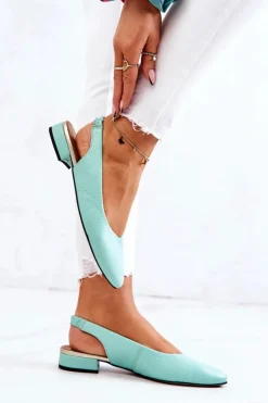 Damskie Boto Skórzane Odkryte Baleriny Na Obcasie Zielone Noreen