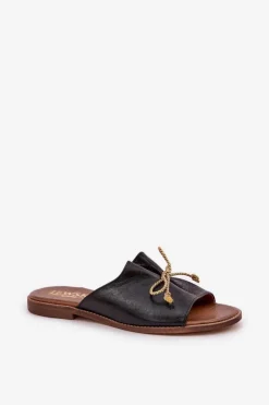 Hot Boto Skórzane Płaskie Eleganckie Klapki Z Kokardką Lewski 3572 Czarne Czarny