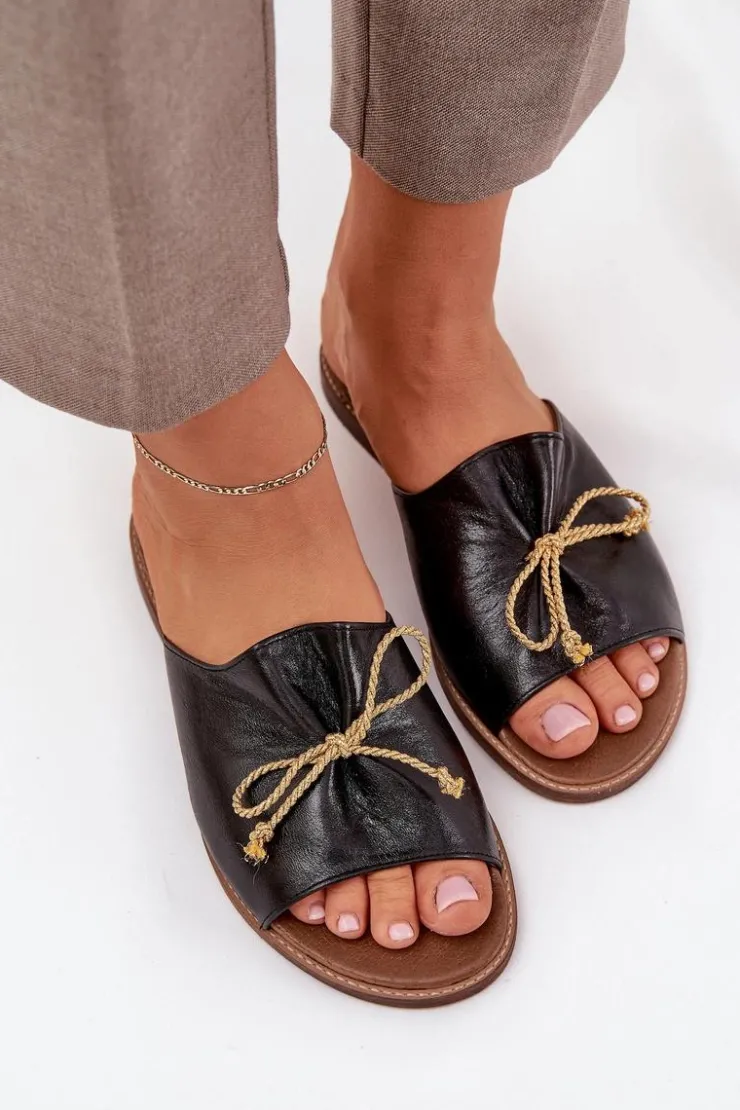 Hot Boto Skórzane Płaskie Eleganckie Klapki Z Kokardką Lewski 3572 Czarne Czarny