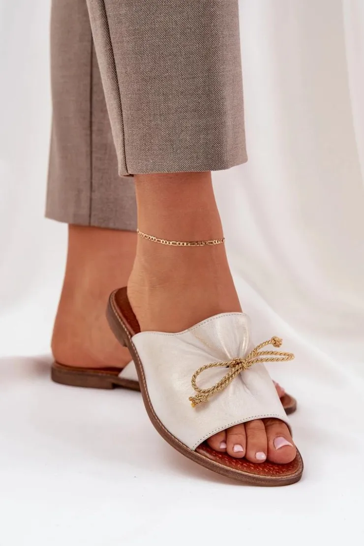 Boto Klapki Damskie Klasyczne*Skórzane Płaskie Eleganckie Klapki Z Kokardką Lewski 3572 Przecierany Złoty