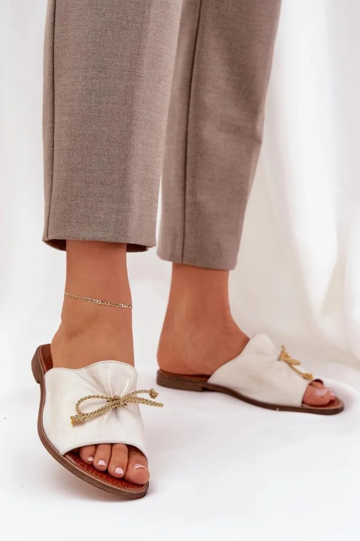 Boto Klapki Damskie Klasyczne*Skórzane Płaskie Eleganckie Klapki Z Kokardką Lewski 3572 Przecierany Złoty