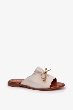 Boto Klapki Damskie Klasyczne*Skórzane Płaskie Eleganckie Klapki Z Kokardką Lewski 3572 Przecierany Złoty