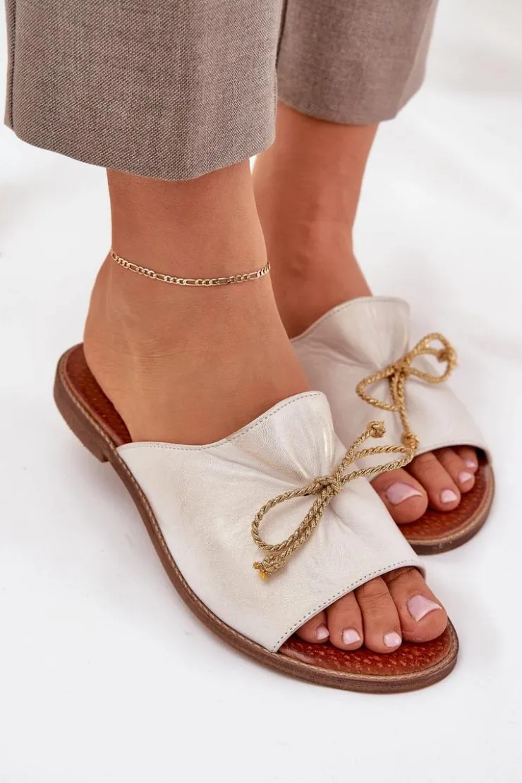 Boto Klapki Damskie Klasyczne*Skórzane Płaskie Eleganckie Klapki Z Kokardką Lewski 3572 Przecierany Złoty