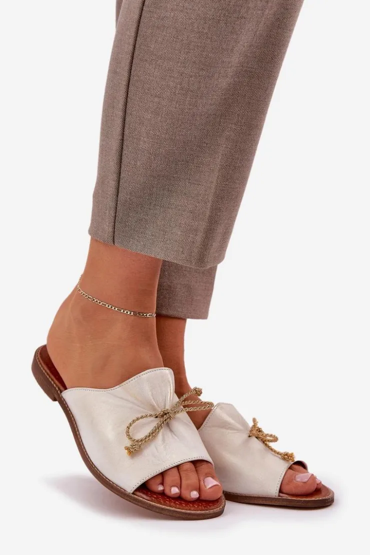 Boto Klapki Damskie Klasyczne*Skórzane Płaskie Eleganckie Klapki Z Kokardką Lewski 3572 Przecierany Złoty