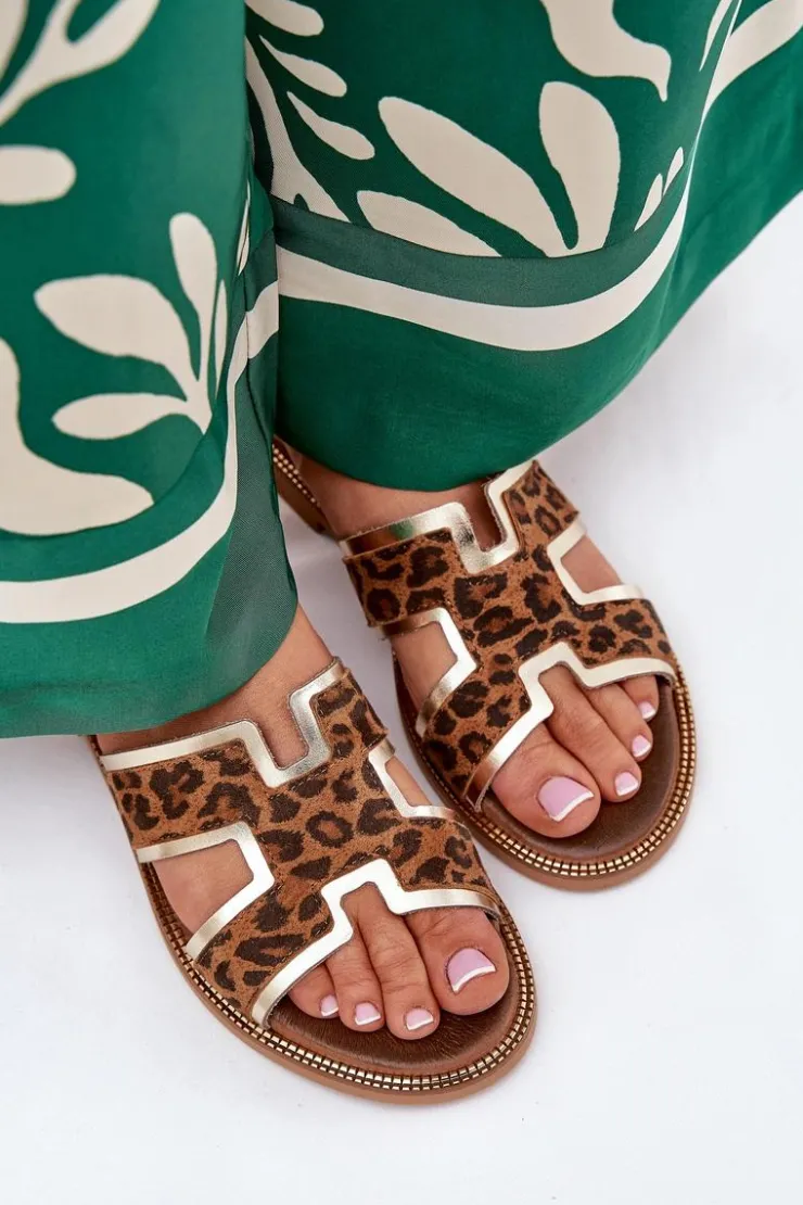 Zazoo Klapki Damskie Klasyczne*Skórzane Płaskie Klapki W Panterkę 40383 Brązowe Brązowy