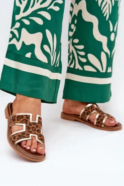 Zazoo Klapki Damskie Klasyczne*Skórzane Płaskie Klapki W Panterkę 40383 Brązowe Brązowy