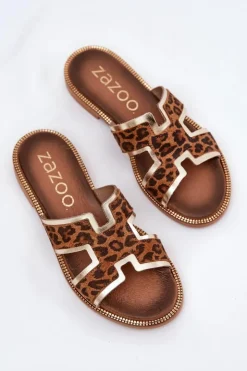 Zazoo Klapki Damskie Klasyczne*Skórzane Płaskie Klapki W Panterkę 40383 Brązowe Brązowy