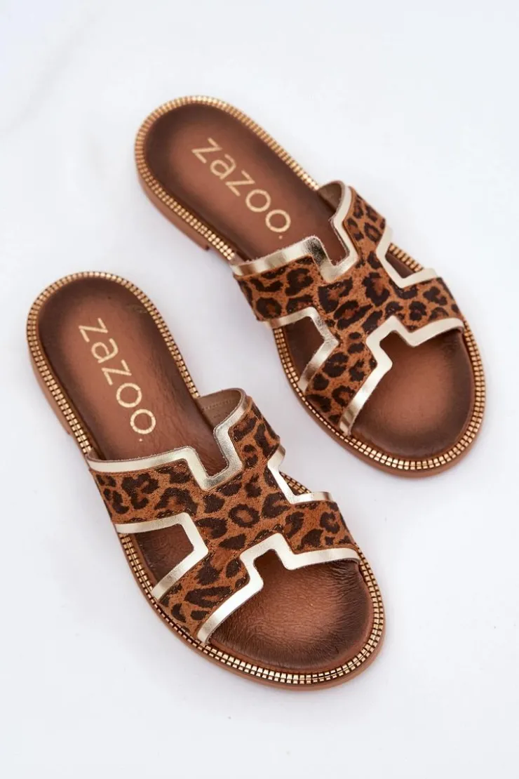Zazoo Klapki Damskie Klasyczne*Skórzane Płaskie Klapki W Panterkę 40383 Brązowe Brązowy