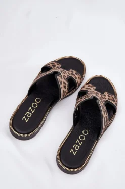 Clearance Zazoo Skórzane Płaskie Klapki W Panterkę 40383 Czarne Czarny