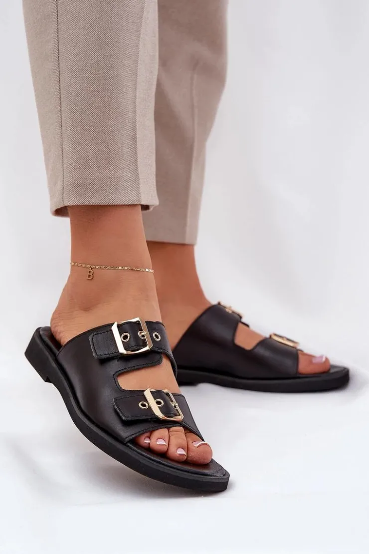 Damskie Zazoo Skórzane Płaskie Klapki Z Klamrami 3020 Czarne