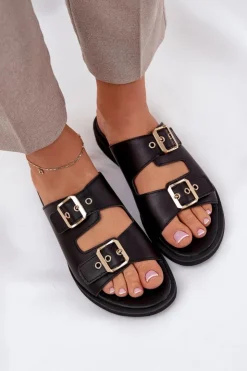 Damskie Zazoo Skórzane Płaskie Klapki Z Klamrami 3020 Czarne