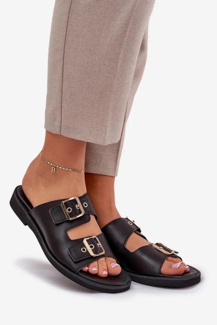 Damskie Zazoo Skórzane Płaskie Klapki Z Klamrami 3020 Czarne