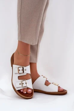 Best Zazoo Skórzane Płaskie Klapki Z Klamrami 3020 Białe Biały