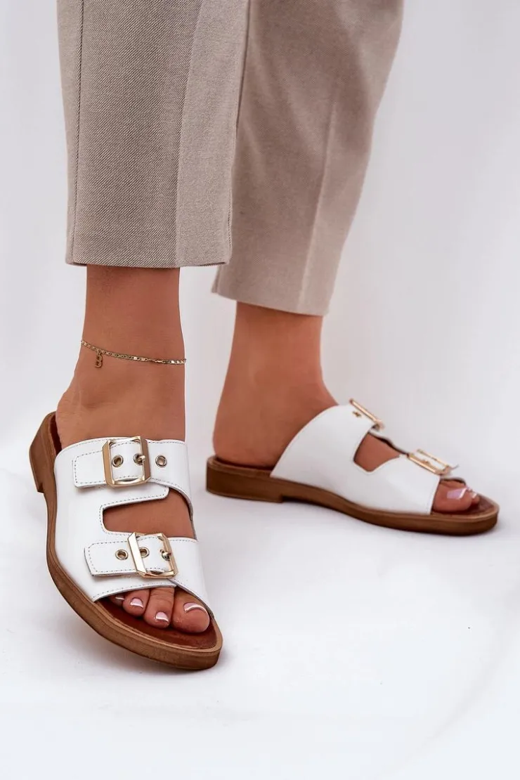 Best Zazoo Skórzane Płaskie Klapki Z Klamrami 3020 Białe Biały