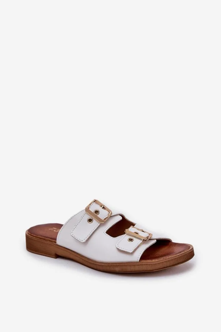Best Zazoo Skórzane Płaskie Klapki Z Klamrami 3020 Białe Biały