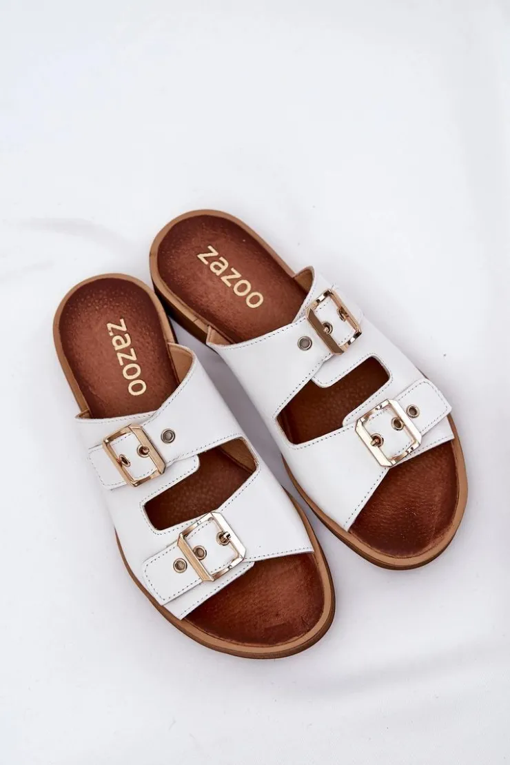 Best Zazoo Skórzane Płaskie Klapki Z Klamrami 3020 Białe Biały