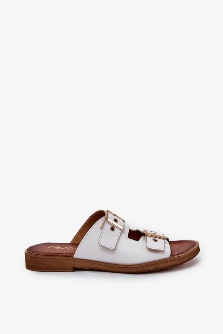 Best Zazoo Skórzane Płaskie Klapki Z Klamrami 3020 Białe Biały