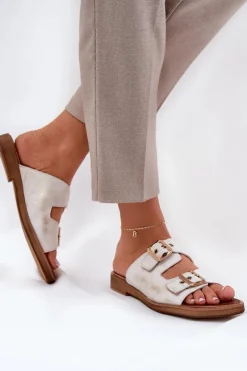 Zazoo Klapki Damskie Klasyczne*Skórzane Płaskie Klapki Z Klamrami 3020 Przecierany Złoty