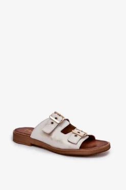 Zazoo Klapki Damskie Klasyczne*Skórzane Płaskie Klapki Z Klamrami 3020 Przecierany Złoty