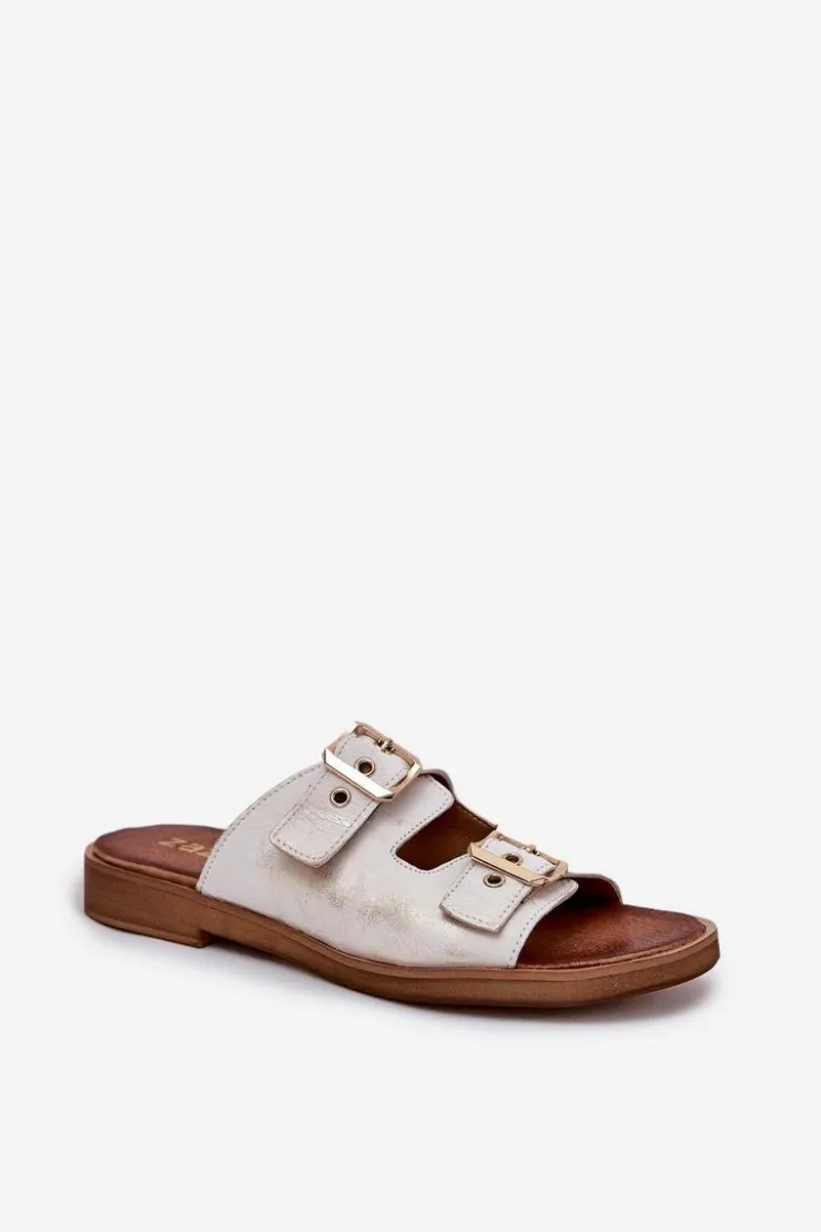 Zazoo Klapki Damskie Klasyczne*Skórzane Płaskie Klapki Z Klamrami 3020 Przecierany Złoty