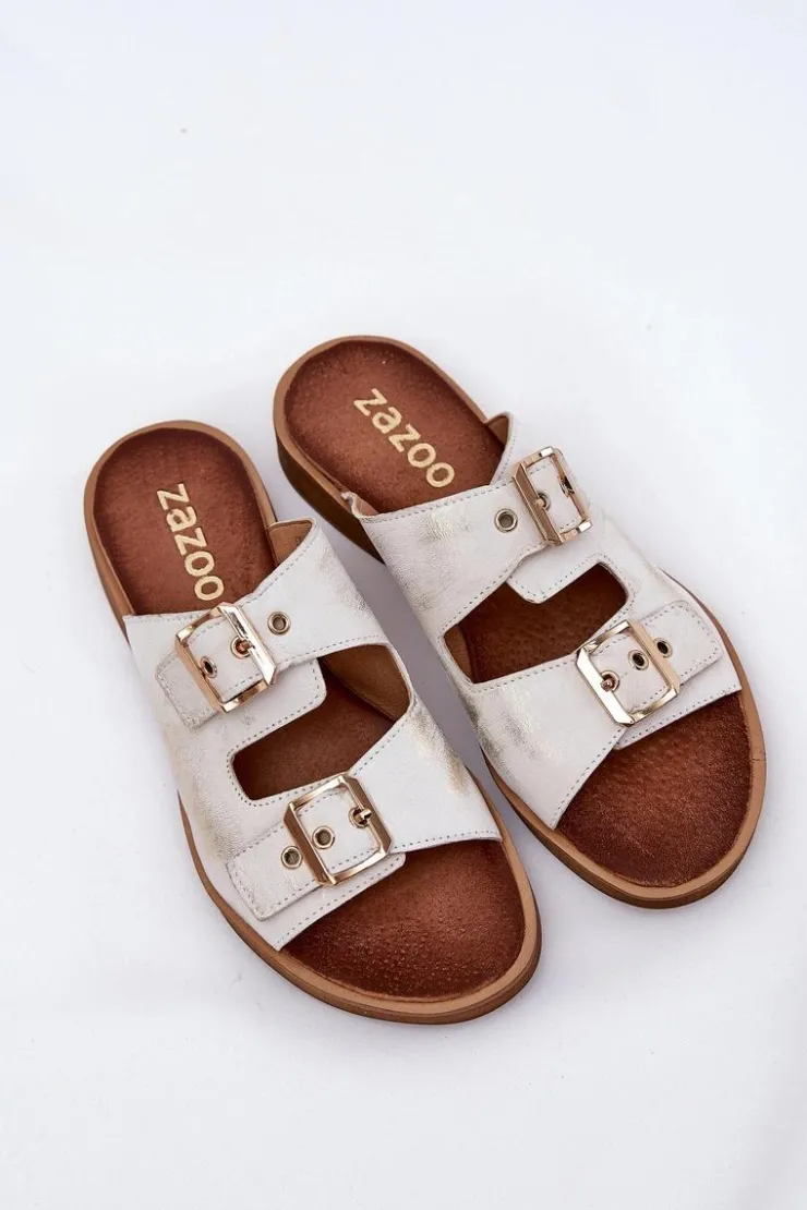 Zazoo Klapki Damskie Klasyczne*Skórzane Płaskie Klapki Z Klamrami 3020 Przecierany Złoty