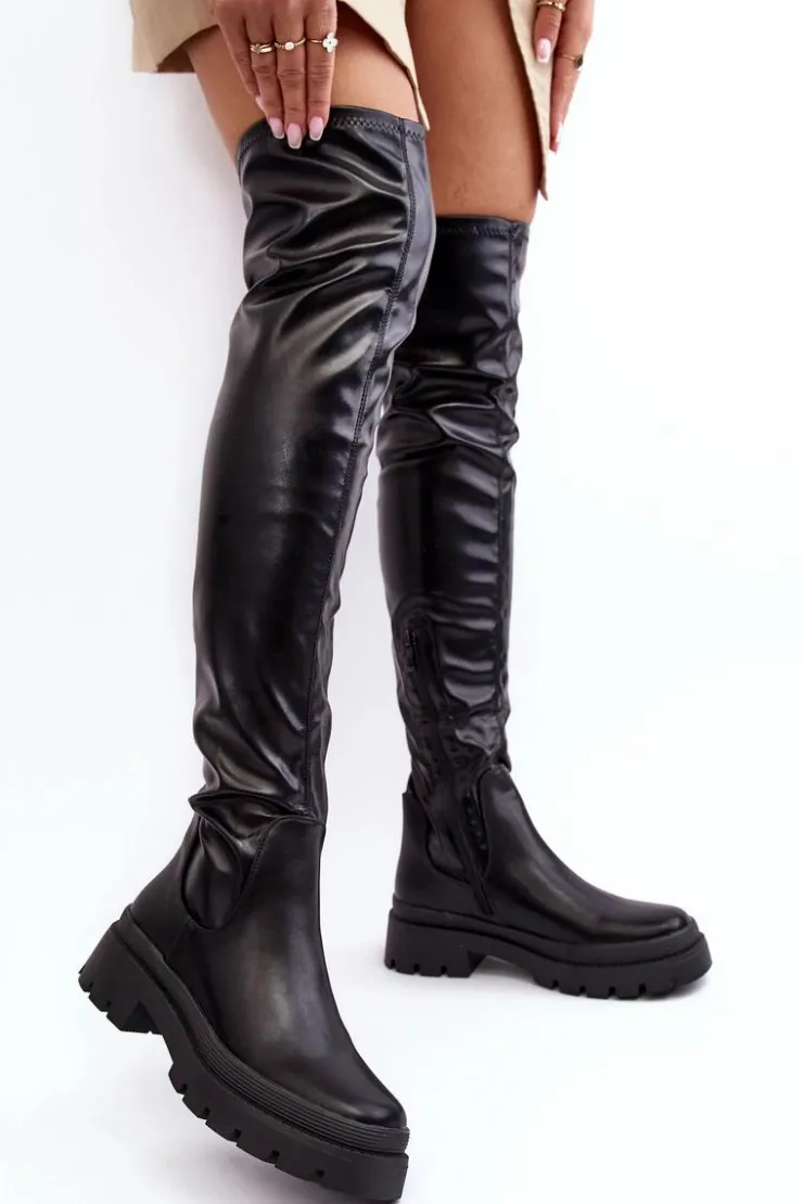 Outlet Buty damskie Vinceza Skórzane Płaskie Kozaki Za Kolano Czarne Lilien