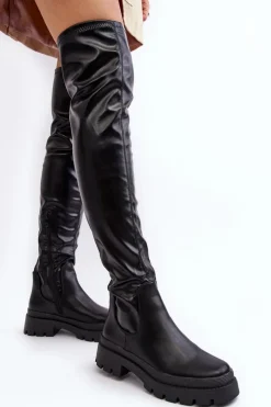 Outlet Buty damskie Vinceza Skórzane Płaskie Kozaki Za Kolano Czarne Lilien