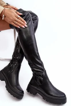 Outlet Buty damskie Vinceza Skórzane Płaskie Kozaki Za Kolano Czarne Lilien