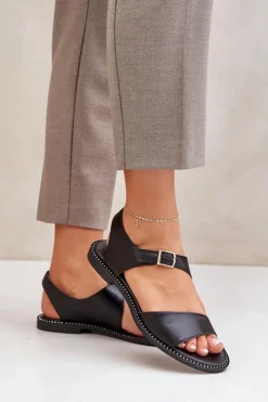 Zazoo Sandały Płaskie*Skórzane Płaskie Sandały Damskie 3014 Czarne Czarny