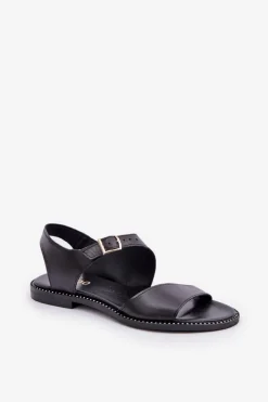 Zazoo Sandały Płaskie*Skórzane Płaskie Sandały Damskie 3014 Czarne Czarny