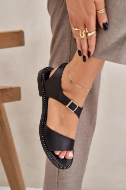 Zazoo Sandały Płaskie*Skórzane Płaskie Sandały Damskie 3014 Czarne Czarny