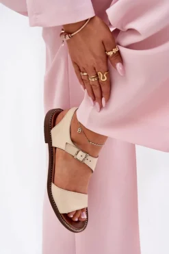 Zazoo Sandały Płaskie*Skórzane Płaskie Sandały Damskie 3014 Beżowe Beżowy