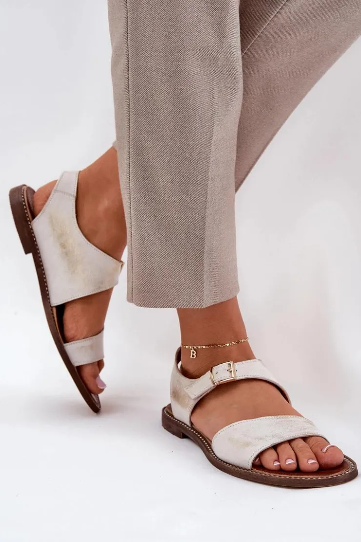 Clearance Zazoo Skórzane Płaskie Sandały Damskie 3014 Przecierany Złoty