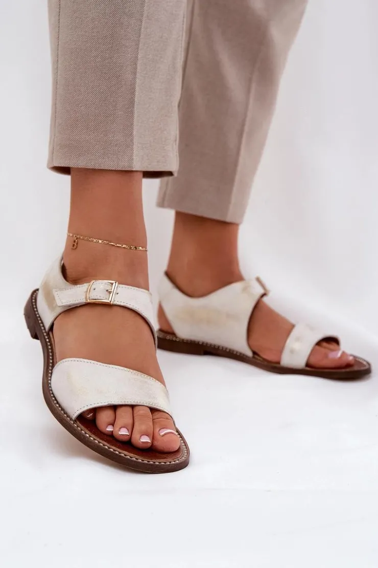 Clearance Zazoo Skórzane Płaskie Sandały Damskie 3014 Przecierany Złoty