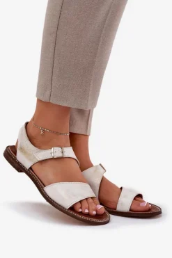 Clearance Zazoo Skórzane Płaskie Sandały Damskie 3014 Przecierany Złoty