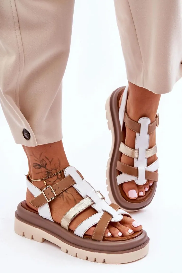 Best Maciejka Skórzane Płaskie Sandały 06101-11 Biało-Brązowe