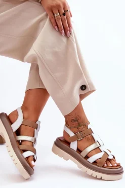 Best Maciejka Skórzane Płaskie Sandały 06101-11 Biało-Brązowe