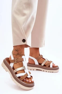 Best Maciejka Skórzane Płaskie Sandały 06101-11 Biało-Brązowe