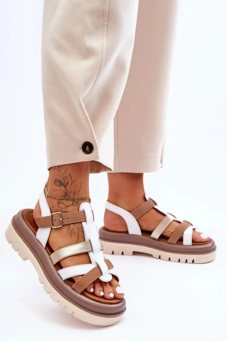Best Maciejka Skórzane Płaskie Sandały 06101-11 Biało-Brązowe