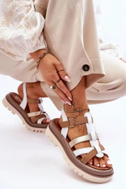 Best Maciejka Skórzane Płaskie Sandały 06101-11 Biało-Brązowe