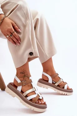 Best Maciejka Skórzane Płaskie Sandały 06101-11 Biało-Brązowe