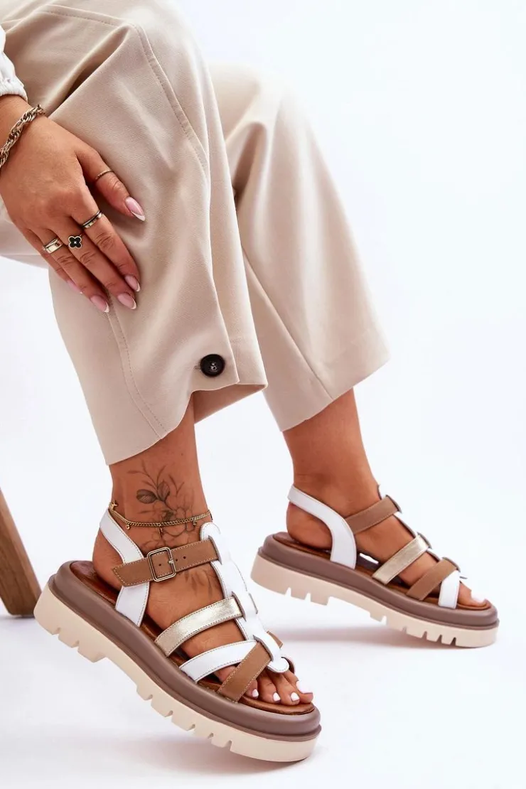 Best Maciejka Skórzane Płaskie Sandały 06101-11 Biało-Brązowe