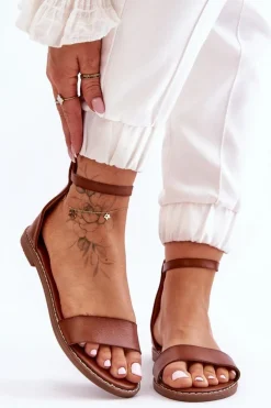 Online Boto Skórzane Płaskie Sandały Na Zamek Brązowe Millou