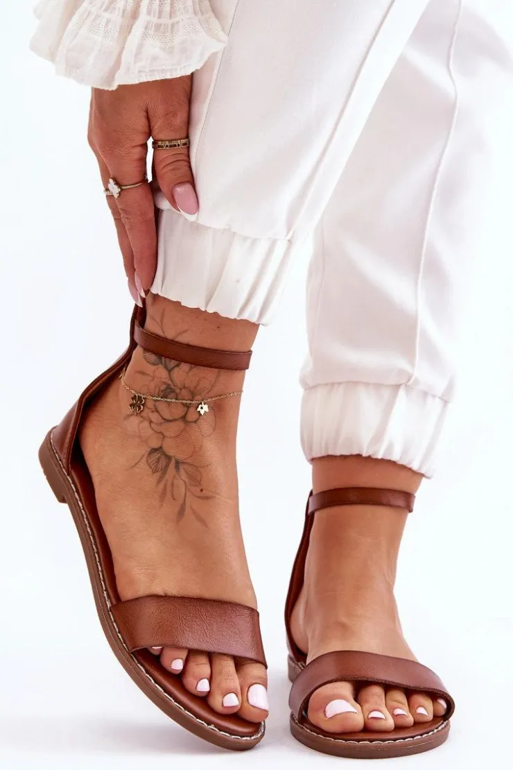 Online Boto Skórzane Płaskie Sandały Na Zamek Brązowe Millou