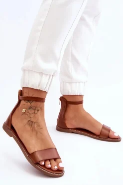 Online Boto Skórzane Płaskie Sandały Na Zamek Brązowe Millou