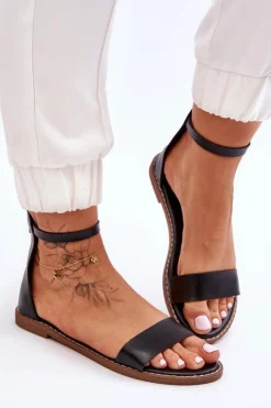 Sale Boto Skórzane Płaskie Sandały Na Zamek Czarne Millou