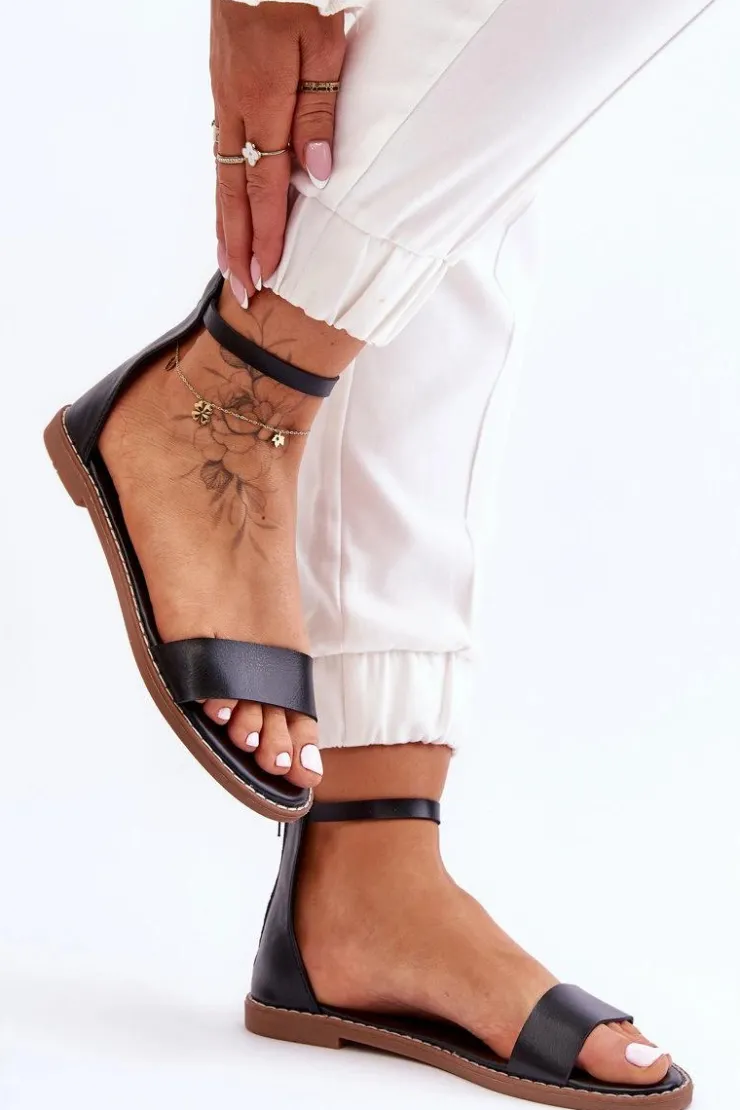 Sale Boto Skórzane Płaskie Sandały Na Zamek Czarne Millou