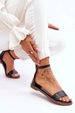 Sale Boto Skórzane Płaskie Sandały Na Zamek Czarne Millou